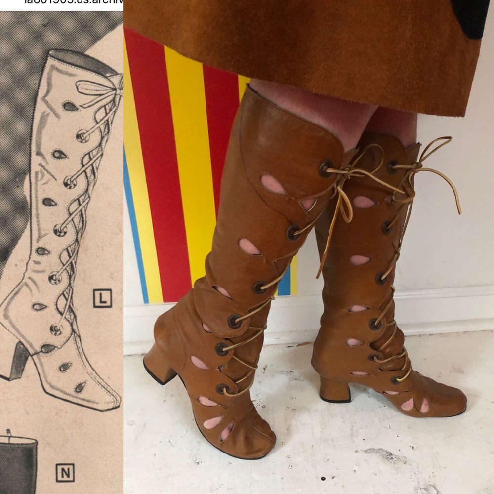 1970s 1960s vintage gogo boots laceup knee high brown cutout sz 7